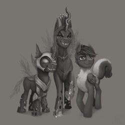 Size: 1667x1667 | Tagged: source needed, safe, artist:bigrigs, imported from derpibooru, queen chrysalis, oc, oc:intrinsic value, oc:thought blossom, changeling, changeling queen, skunk, skunk pony, black and white, female, grayscale, jewelry, male, monochrome, necklace, one of these things is not like the others, pegaskunk, peytral