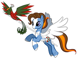 Size: 1459x1125 | Tagged: safe, artist:conphettey, imported from derpibooru, oc, oc only, oc:desidiria, oc:qali, pegasus, phoenix, pony, duo, female, mare, obtrusive watermark, pet, pet oc, piebald coat, piebald colouring, simple background, transparent background, watermark