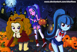 Size: 1288x877 | Tagged: safe, artist:charliexe, imported from derpibooru, adagio dazzle, aria blaze, sonata dusk, equestria girls, adoragio, ariabetes, breasts, busty adagio dazzle, candy, cleavage, clothes, costume, crossover, cute, devil, female, food, halloween, halloween costume, holiday, jack-o-lantern, juliet starling, lollipop, lollipop chainsaw, looking at you, night, pigtails, ponytail, pumpkin, pumpkin bucket, reaching, reaching out, sailor moon, satan, shoes, sneakers, sonatabetes, stupid sexy adagio dazzle, the dazzlings, town, trick or treat, twintails