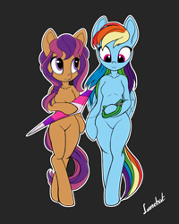 Size: 1526x1906 | Tagged: safe, alternate version, artist:lunebat, imported from derpibooru, rainbow dash, scootaloo (g3), anthro, earth pony, pegasus, semi-anthro, unguligrade anthro, 35th anniversary, arm hooves, barbie doll anatomy, breasts, featureless breasts, featureless crotch, female, kite, looking at something, mare, simple background, smiling