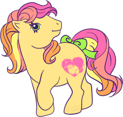 Size: 432x409 | Tagged: safe, artist:conphettey, imported from derpibooru, oc, oc only, oc:ragamuffin, earth pony, pony, bow, female, g1, mare, simple background, solo, tail bow, transparent background