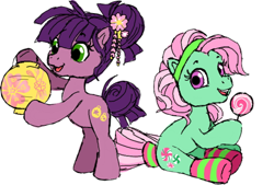 Size: 500x337 | Tagged: safe, artist:conphettey, imported from derpibooru, kimono, minty, pony, candy, clothes, duo, female, filly, food, g3, g3 to g3.5, g3.5, generation leap, lantern, lollipop, paper lantern, socks, striped socks