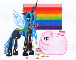 Size: 925x735 | Tagged: safe, artist:ashleyfableblack, imported from derpibooru, queen chrysalis, oc, oc:fluffle puff, canon x oc, chrysipuff, female, flag, gay pride, gay pride flag, headcanon, labrys, labrys flag, lesbian, lesbian empire flag, lesbian pride flag, lgbt, lgbt headcanon, mouth hold, pride, pride flag, pride month, rainbow, sexuality headcanon, shipping, sticker