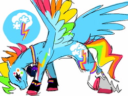 Size: 640x480 | Tagged: safe, artist:conphettey, imported from derpibooru, rainbow dash, pegasus, pony, leak, spoiler:g5, colored hooves, colored wings, female, g5, g5 concept leak style, g5 concept leaks, head down, mare, multicolored wings, rainbow dash (g5 concept leak), rainbow dash (g5), rainbow wings, redesign, simple background, solo, white background