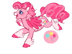 Size: 640x480 | Tagged: safe, artist:conphettey, imported from derpibooru, pinkie pie, pegasus, pony, leak, spoiler:g5, blaze (coat marking), coat markings, colored wings, facial markings, female, g5, g5 concept leak style, g5 concept leaks, mare, pinkie pie (g5 concept leak), pinkie pie (g5), redesign, running, simple background, socks (coat marking), socks (coat markings), solo, white background