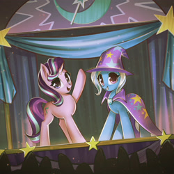 Size: 3520x3520 | Tagged: safe, artist:mirroredsea, imported from derpibooru, starlight glimmer, trixie, pony, unicorn, cute, diatrixes, duo, duo female, female, glimmerbetes, magic show, mare, smiling, stage