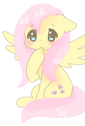 Size: 908x1352 | Tagged: dead source, safe, artist:snowkyu, imported from derpibooru, fluttershy, pegasus, pony, blushing, female, floppy ears, hoof on chin, looking at you, mare, simple background, sitting, solo, spread wings, transparent background, wings