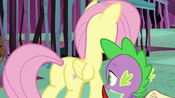 Size: 1920x1080 | Tagged: safe, imported from derpibooru, screencap, fluttershy, spike, dragon, pegasus, pony, school raze, butt, cage, eyes on the prize, female, flutterbutt, looking at butt, male, mare, out of context, plot, tartarus, winged spike, wings