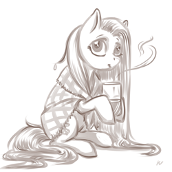 Size: 2000x2000 | Tagged: safe, artist:kovoranu, imported from derpibooru, fluttershy, pegasus, pony, blanket, chocolate, female, food, hoof hold, hot chocolate, looking at you, looking sideways, mare, monochrome, mug, simple background, sitting, solo, three quarter view, wet mane, white background