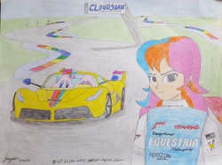 Size: 1788x1330 | Tagged: safe, artist:forzaveteranenigma, imported from derpibooru, oc, oc only, oc:golden gates, fanfic:equestria motorsports, equestria girls, babscon, babscon mascots, car, cloudsdale, cloudsdale international raceway, ferrari, ferrari fxx k, hypercar, laferrari, laferrari fxx-k, race track, racing suit, solo, supercar, traditional art