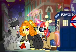 Size: 1000x684 | Tagged: safe, artist:pixelkitties, imported from derpibooru, adagio dazzle, moondancer, octavia melody, pony, doctor who, equestria girls ponified, jodie whittaker, kazumi evans, pixelkitties' brilliant autograph media artwork, police box, ponified, show accurate, sonic screwdriver, statue, tardis, thirteenth doctor, weeping angel