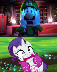 Size: 473x593 | Tagged: safe, edit, imported from derpibooru, screencap, rarity, the end in friend, boots, comparison, glitter boots, luigi, luigi's mansion, luigi's mansion 3, marshmelodrama, nintendo, open mouth, poltergust g-00, screaming, shoes, super mario bros.