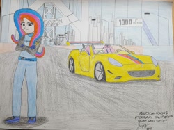 Size: 1696x1270 | Tagged: safe, artist:forzaveteranenigma, imported from derpibooru, oc, oc only, oc:golden gates, equestria girls, babscon, babscon mascots, bridge, car, ferrari, ferrari california, forza horizon, san francisco, solo, supercar, traditional art