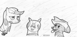 Size: 575x284 | Tagged: safe, artist:tascoby, imported from derpibooru, applejack, winona, dog, earth pony, pig, pony, animal, female, inktober, inktober 2018, monochrome, mud