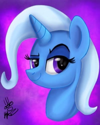 Size: 1638x2048 | Tagged: safe, artist:kazzysart, imported from derpibooru, trixie, pony, bust, female, portrait, purple background, raised eyebrow, signature, simple background, smiling, smirk, solo