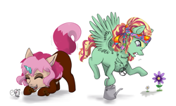 Size: 963x580 | Tagged: safe, artist:gamblingfoxinahat, imported from derpibooru, oc, oc:gentle embrace, oc:levity, hybrid, mouse, 2017, bushy brows, flower, hippie, interspecies offspring, offspring, parent:discord, parent:fluttershy, parent:tree hugger, parent:zephyr breeze, parents:discoshy, parents:zephyrhugger, thick eyebrows, yelling