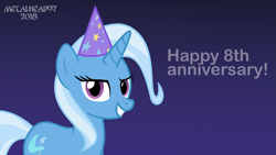 Size: 3999x2249 | Tagged: safe, artist:metalhead97, imported from derpibooru, trixie, pony, unicorn, anniversary, female, happy birthday mlp:fim, looking at you, mlp fim's eighth anniversary, show accurate, solo