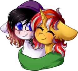 Size: 1876x1698 | Tagged: safe, artist:grapegrass, imported from derpibooru, oc, oc only, oc:cinderheart, oc:rory gigabyte, pegasus, pony, unicorn, accessories, accessory, beanie, blushing, bust, chest fluff, clothes, colored pupils, cute, eyes closed, female, hat, male, mare, missing accessory, nuzzling, oc x oc, ocbetes, scarf, shading, shared clothing, shared scarf, shipping, simple background, smiling, stallion, straight, transparent background, ych result