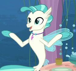 Size: 658x614 | Tagged: safe, imported from derpibooru, screencap, terramar, seapony (g4), surf and/or turf, cropped, fins, jewelry, male, necklace, solo, tail