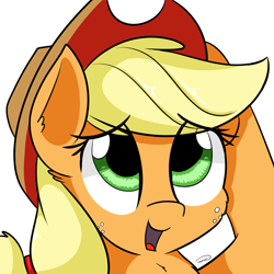 Size: 2362x2362 | Tagged: safe, artist:taurson, imported from derpibooru, applejack, pony, applejack day, bashful, cowboy hat, female, freckles, green eyes, hat, looking up, open mouth, simple background, solo, stetson, white background