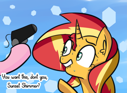 Size: 2381x1740 | Tagged: safe, artist:artiks, imported from derpibooru, pinkie pie, sunset shimmer, earth pony, pony, unicorn, abstract background, cannon, dialogue, female, lip bite, mare, pun, sweat, visual pun