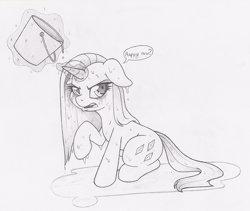 Size: 800x674 | Tagged: safe, artist:dfectivedvice, imported from derpibooru, rarity, pony, unicorn, bucket, dialogue, female, floppy ears, grayscale, mare, monochrome, sketch, solo, unamused, wet, wet mane, wet mane rarity