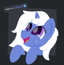 Size: 963x974 | Tagged: safe, artist:phat_guy, derpibooru exclusive, imported from derpibooru, oc, oc only, oc:discord, pony, unicorn, cute, discord (program), eye shimmer, female, freckles, happy, heart, leaning, lineless, looking up, mare, ocbetes, open mouth, ponified, simple background, smiling, solo