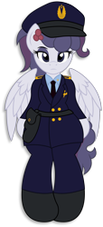 Size: 3397x7455 | Tagged: safe, artist:digiqrow, imported from derpibooru, oc, oc only, oc:mixed berries, pegasus, pony, semi-anthro, female, hat, holster, mare, military uniform, necktie, peaked cap, simple background, solo, transparent background