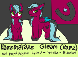 Size: 1024x744 | Tagged: safe, artist:sexygoatgod, imported from derpibooru, oc, oc only, oc:razzmatazz gleam, bat pony, hybrid, pegasus, pony, female, solo