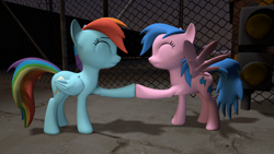 Size: 3840x2160 | Tagged: safe, artist:rainboom dash, imported from derpibooru, firefly, rainbow dash, pony, 35th anniversary, 3d, 4k, anniversary, eyes closed, happy birthday mlp:fim, hoofbump, source filmmaker, spread wings, wings