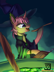 Size: 1500x2000 | Tagged: safe, artist:jedayskayvoker, imported from derpibooru, oc, oc only, oc:almira, pony, book, cauldron, curved horn, halloween, holiday, horn, open mouth, solo, spellbook, tongue out, wooden spoon, ych result