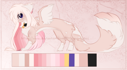 Size: 1600x881 | Tagged: safe, artist:little-sketches, artist:php146, imported from derpibooru, oc, oc only, draconequus, chest fluff, collar, cute, female, fluffy, fluffy tail, looking at you, paws, reference sheet, solo