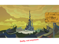 Size: 2048x1536 | Tagged: safe, edit, edited screencap, imported from derpibooru, screencap, to where and back again, changeling hive, changeling kingdom, dead trees, hive, sign, spire, swarm, words from the past, yellow sky