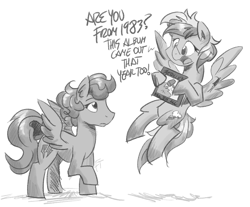 Size: 2055x1699 | Tagged: safe, artist:flutterthrash, imported from derpibooru, firefly, rainbow dash, pegasus, pony, 35th anniversary, album cover, anniversary, dialogue, duo, flying, g1, g1 to g4, g4, generation leap, grayscale, happy birthday mlp:fim, looking at each other, metallica, monochrome, simple background, spread wings, white background, wings