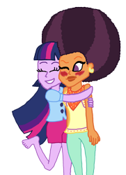 Size: 1600x2207 | Tagged: safe, artist:bigpurplemuppet99, imported from derpibooru, saffron masala, twilight sparkle, equestria girls, afro, blushing, female, hug, lesbian, shipping, simple background, transparent background, twiffron