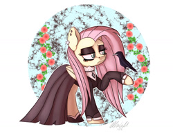 Size: 1558x1203 | Tagged: safe, artist:mcmeg29, imported from derpibooru, fluttershy, bird, raven (bird), fake it 'til you make it, clothes, dress, ear piercing, eyeshadow, female, flower, fluttergoth, makeup, mare, piercing, solo