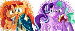 Size: 2389x996 | Tagged: safe, artist:mcmeg29, imported from derpibooru, firelight, starlight glimmer, stellar flare, sunburst, pony, unicorn, the parent map, father and daughter, female, male, mare, mother and son, smiling, stallion