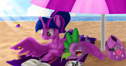 Size: 1867x987 | Tagged: safe, artist:mcmeg29, imported from derpibooru, spike, twilight sparkle, alicorn, dragon, pony, alternate hairstyle, beach, beach ball, beach blanket, beach umbrella, book, comic book, crepuscular rays, female, highlighter, mare, ocean, ponytail, prone, sleeping, smiling, spread wings, twilight sparkle (alicorn), umbrella, water, wing blanket, wing hands, wings