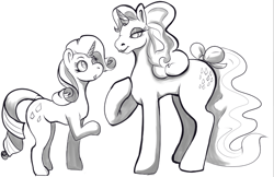 Size: 1314x850 | Tagged: safe, artist:radicalweegee, derpibooru exclusive, imported from derpibooru, rarity, sparkler (g1), pony, unicorn, 35th anniversary, bow, eyeshadow, female, grayscale, heart eyes, lidded eyes, lipstick, looking at each other, makeup, mare, monochrome, raised hoof, simple background, tail bow, white background, wingding eyes