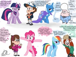 Size: 1024x768 | Tagged: safe, imported from derpibooru, pinkie pie, rainbow dash, trixie, twilight sparkle, diplight, dipper pines, gideon gleeful, gravity falls, mabel pines, text, wendy corduroy