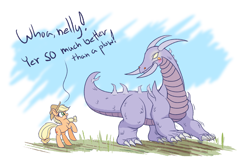 Size: 2000x1280 | Tagged: safe, artist:heir-of-rick, imported from derpibooru, applejack, applejack (g1), dragon, pony, rescue at midnight castle, 35th anniversary, blushing, dialogue, dragonified, duo, female, field, mare, raised hoof, species swap