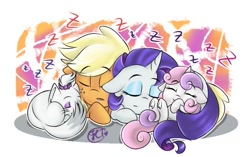 Size: 715x450 | Tagged: safe, artist:flashlighttwi, artist:tylerdashart, imported from derpibooru, applejack, opalescence, rarity, sweetie belle, cat, earth pony, pony, unicorn, cuddling, cute, diasweetes, female, filly, jackabetes, lesbian, mare, opalbetes, raribetes, rarijack, shipping, sleeping, underhoof, z, zzz