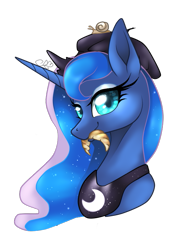 Size: 571x769 | Tagged: safe, artist:alissa1010, imported from derpibooru, princess luna, alicorn, pony, snail, beret, bread, croissant, cute, ethereal mane, female, food, french, hat, looking at you, mare, simple background, starry mane, transparent background, vector