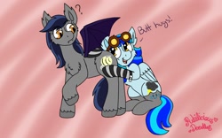 Size: 1280x800 | Tagged: safe, artist:php62, imported from derpibooru, oc, oc only, oc:echo, oc:stormy skies, bat pony, pegasus, pony, butthug, clothes, faceful of ass, female, hug, mare, silly, silly pony, socks, striped socks, surprised