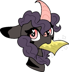 Size: 524x546 | Tagged: safe, artist:nootaz, imported from derpibooru, oc, oc only, oc:dazzling flash, changeling, hybrid, kirin, zebra, changeling oc, disguise, disguised changeling, heart eyes, kirin oc, paper, purple changeling, simple background, smiling, solo, transparent background, wingding eyes, zebra kirin, zebra oc