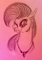 Size: 1874x2646 | Tagged: safe, artist:zigragirl, imported from derpibooru, silverstream, classical hippogriff, hippogriff, bust, cute, diastreamies, female, gradient background, one eye closed, pencil drawing, portrait, simple background, sketch, smiling, solo, traditional art, wink