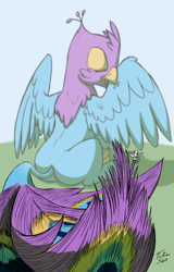 Size: 1946x3035 | Tagged: safe, artist:gyrotech, artist:tsitra360, color edit, edit, imported from derpibooru, oc, oc only, oc:der, oc:gyro feather, oc:gyro tech, griffon, behaving like a bird, birds doing bird things, colored, duo, feather, griffonized, male, micro, preening, sketch, species swap, tail