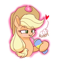 Size: 1800x2000 | Tagged: safe, artist:heir-of-rick, imported from derpibooru, applejack, earth pony, pony, blushing, bust, cowboy hat, cute, drink, drinking, drinking straw, female, freckles, hat, heart, hoof hold, jackabetes, mare, onomatopoeia, simple background, slurp, slurpee, slushie, solo, stetson, white background