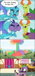 Size: 604x1315 | Tagged: safe, edit, edited screencap, imported from derpibooru, screencap, princess ember, spike, thorax, changedling, changeling, dragon, lesson zero, triple threat, antlers, comic, discovery family, discovery family logo, dragoness, explosion, female, fools in april, horns, king thorax, logo, ponyville, rainbow nuke, screencap comic, spongebob squarepants, squidward tentacles, straining, town hall, town square