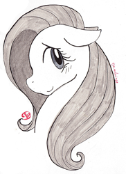 Size: 582x800 | Tagged: safe, artist:ryuredwings, imported from derpibooru, fluttershy, pony, bust, female, floppy ears, inktober, inktober 2018, looking at you, looking sideways, mare, portrait, profile, simple background, smiling, solo, traditional art, white background